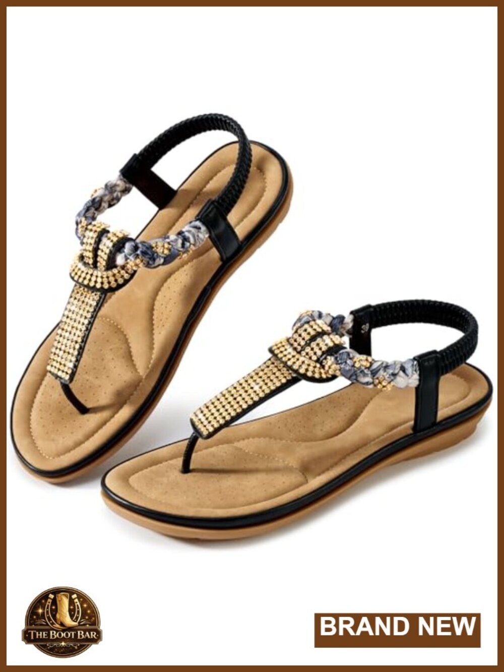Rhinestone Flat Sandals with Faux Leather & Memory Foam Cushion
